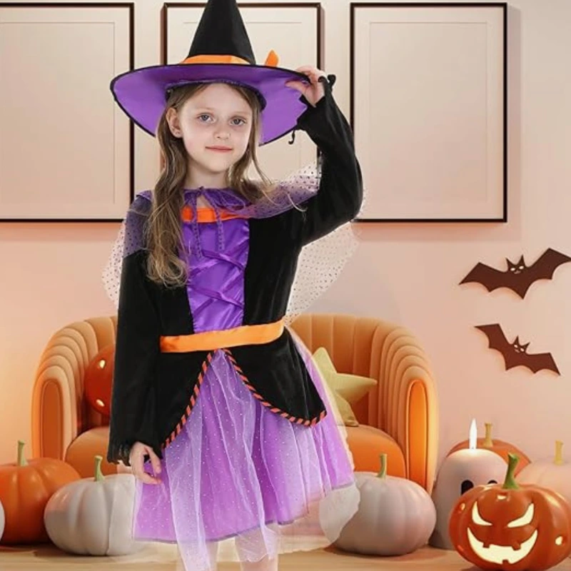 Conjunto de fantasia de bruxa de Halloween para família